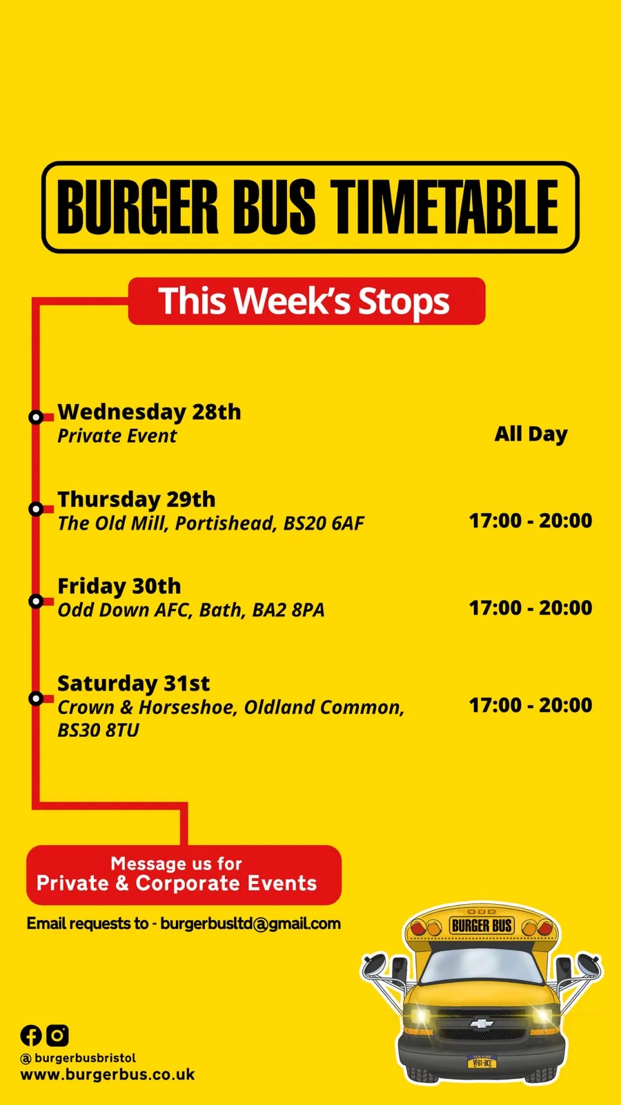 Burger Bus timetable for the week of 26 October